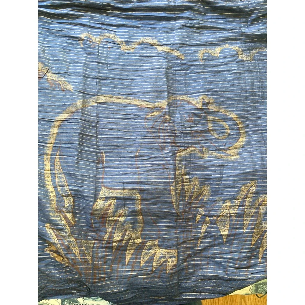 Navy Blue 100% Cotton Scarf Gold Elephant Print 44x68 Sheer Boho Wrap